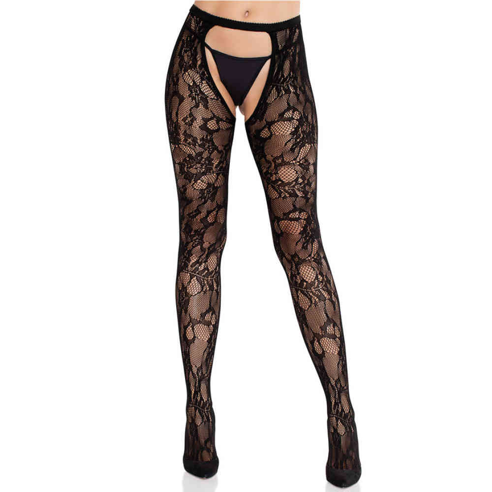 Leg Avenue - Rose Lace Crotchless with Open Back Collants - Noir